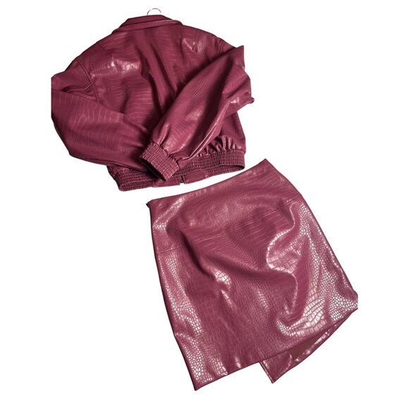 NWT-Worthington Womens Faux Croc Leather Bomber Jacket & mini Skirt Set Pink - Picture 2 of 16